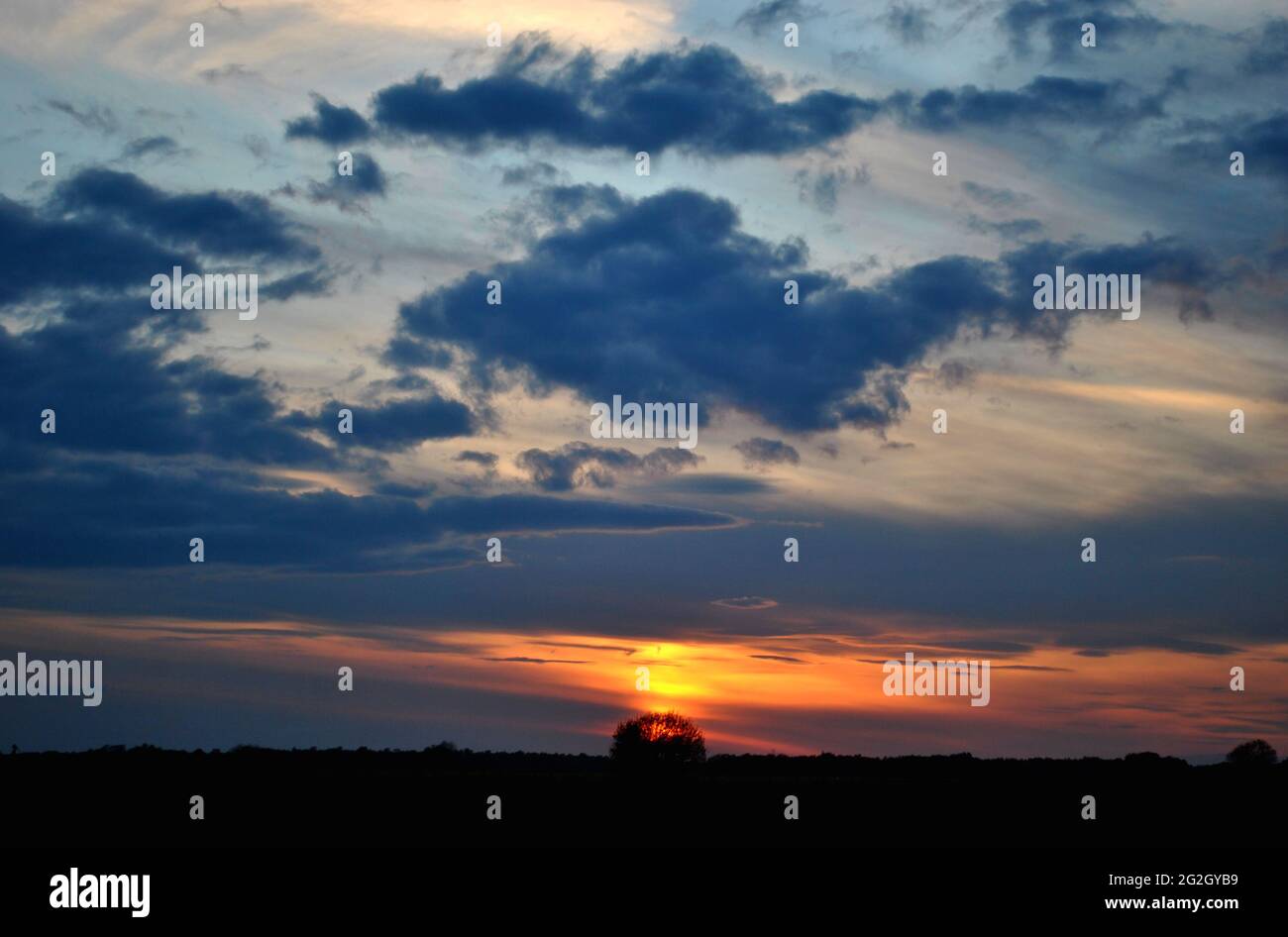 COUCHER DE SOLEIL À LA FIN DU PRINTEMPS SUR LES PLAINES DU NORTH LINCOLNSHIRE. Banque D'Images
