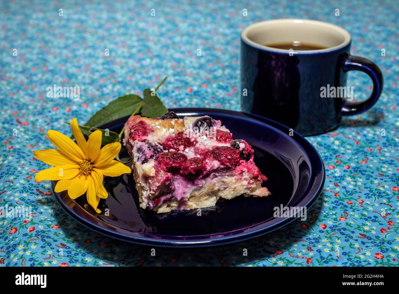 Dessert aux myrtilles, croissants aux framboises avec café et tournesol sur une nappe bleue fleurie. Banque D'Images