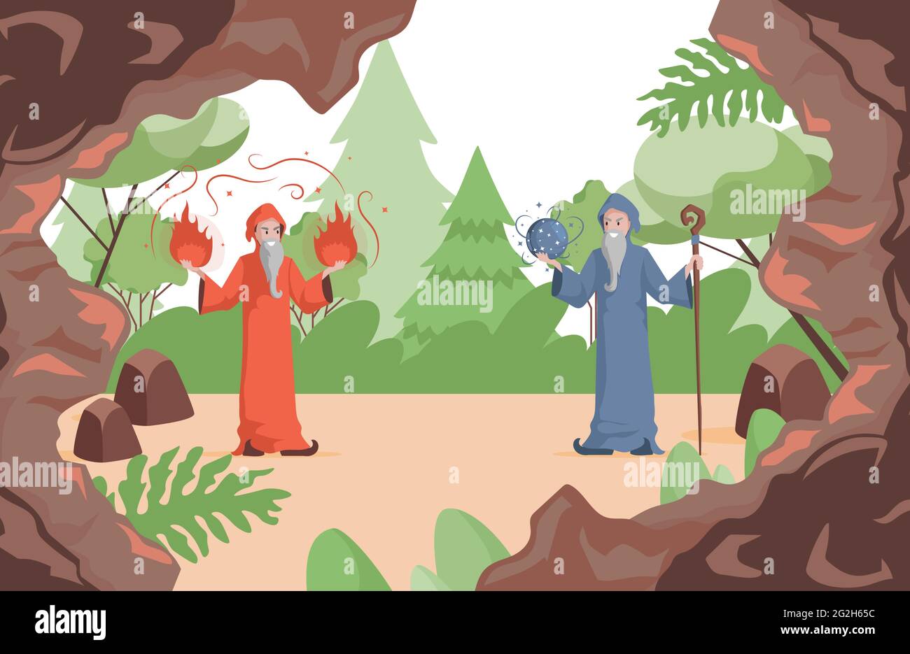 Assistants se préparant à combattre l'illustration vectorielle plate. Vieux sorcières en rouge et bleu sorcières robes tenant des boules de feu et de balle d'étoile. Magiciens avec longues barbes blanches et bâtons en bois debout à l'extérieur. Illustration de Vecteur