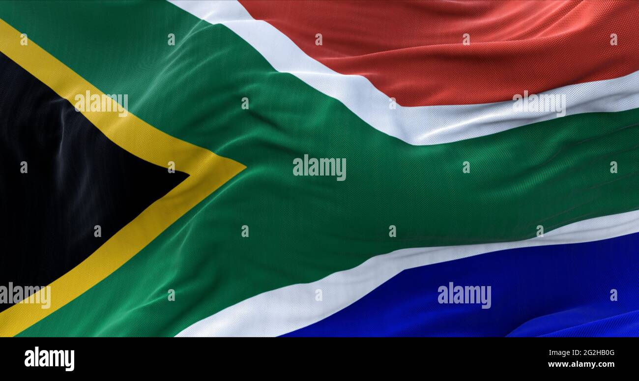 Détail du drapeau national de l'Afrique du Sud volant dans le vent. Démocratie et politique. Banque D'Images