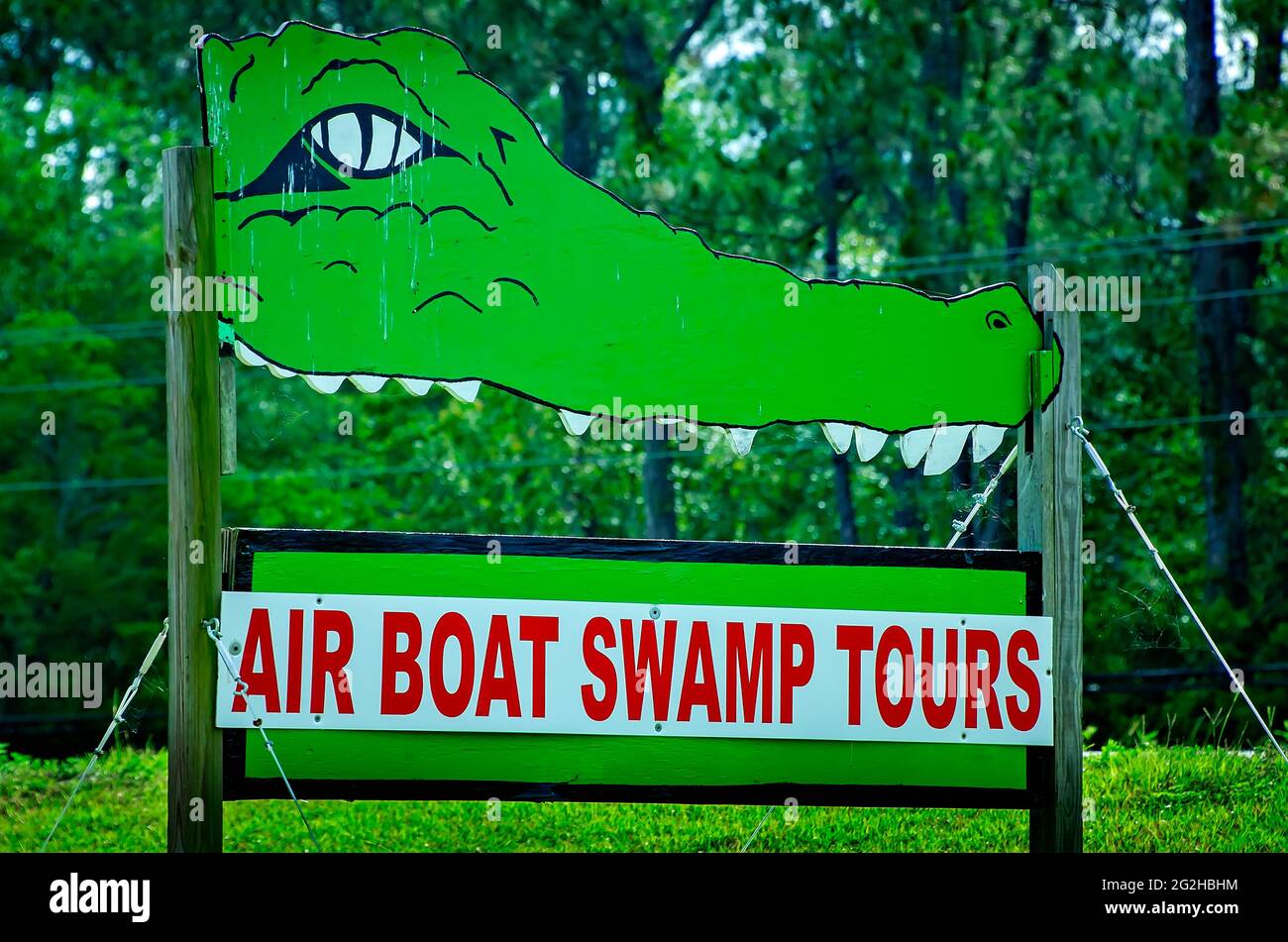 Le panneau Gulf Coast Gator Ranch and Tours présente un alligator, le 9 juin 2021, à Moss point, Mississippi. Banque D'Images