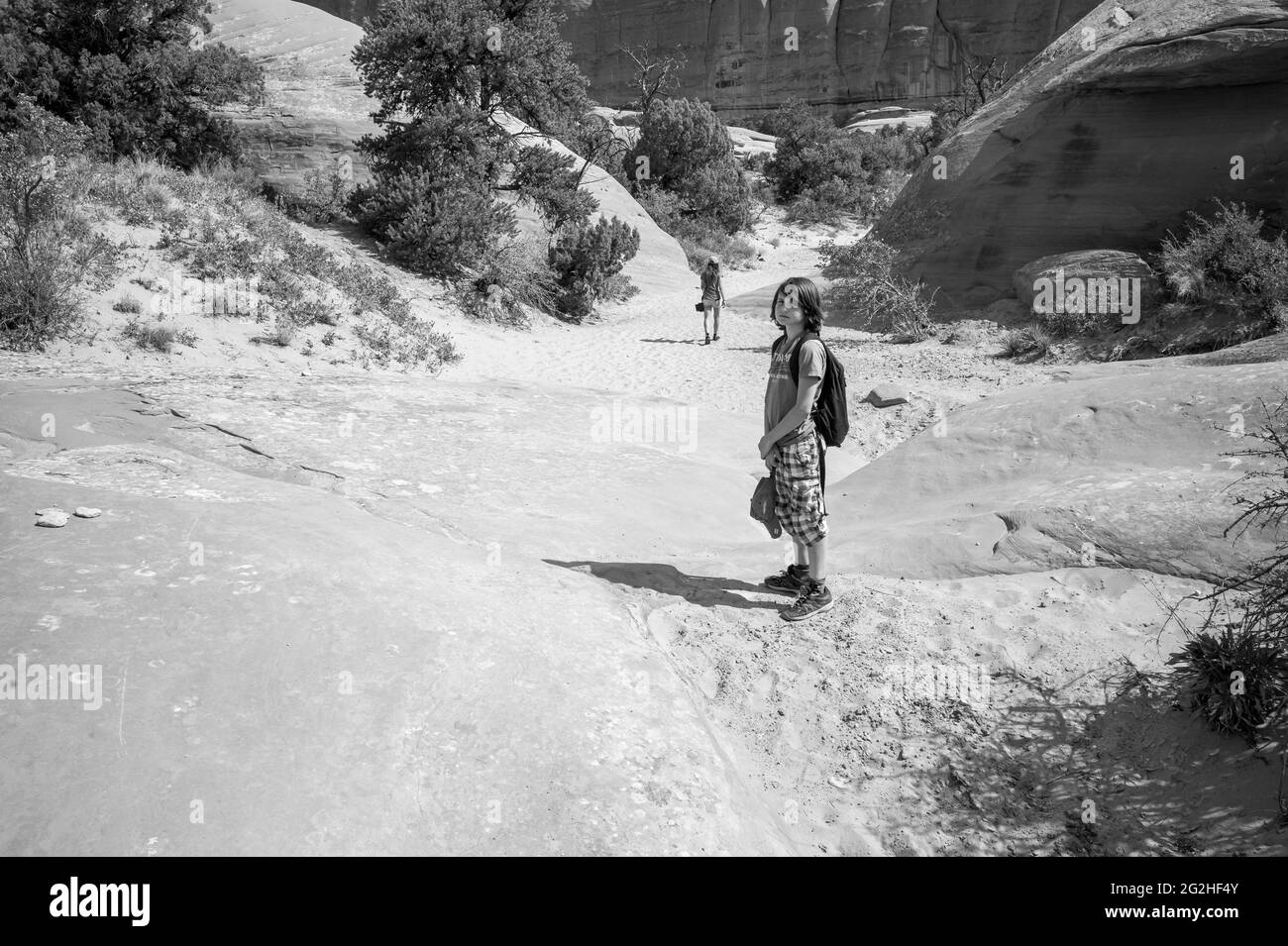 L'aventure attend des touristes, des randonneurs et des amateurs de sensations fortes dans Devils Garden, l'un des meilleurs endroits du parc. Vous y trouverez des arches, des flèches et une grande concentration de parois rocheuses étroites appelées « nageoires ». Les palmes finissent par s'éroder et par céder la place à la formation d'arches comme Landscape Arch, le joyau de la couronne de Devils Garden. Banque D'Images