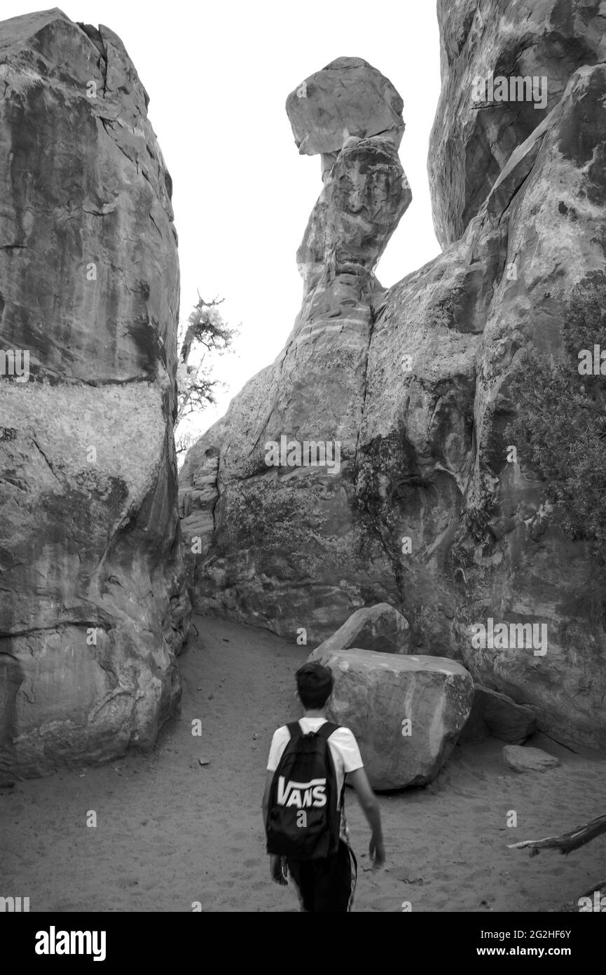 L'aventure attend des touristes, des randonneurs et des amateurs de sensations fortes dans Devils Garden, l'un des meilleurs endroits du parc. Vous y trouverez des arches, des flèches et une grande concentration de parois rocheuses étroites appelées « nageoires ». Les palmes finissent par s'éroder et par céder la place à la formation d'arches comme Landscape Arch, le joyau de la couronne de Devils Garden. Banque D'Images