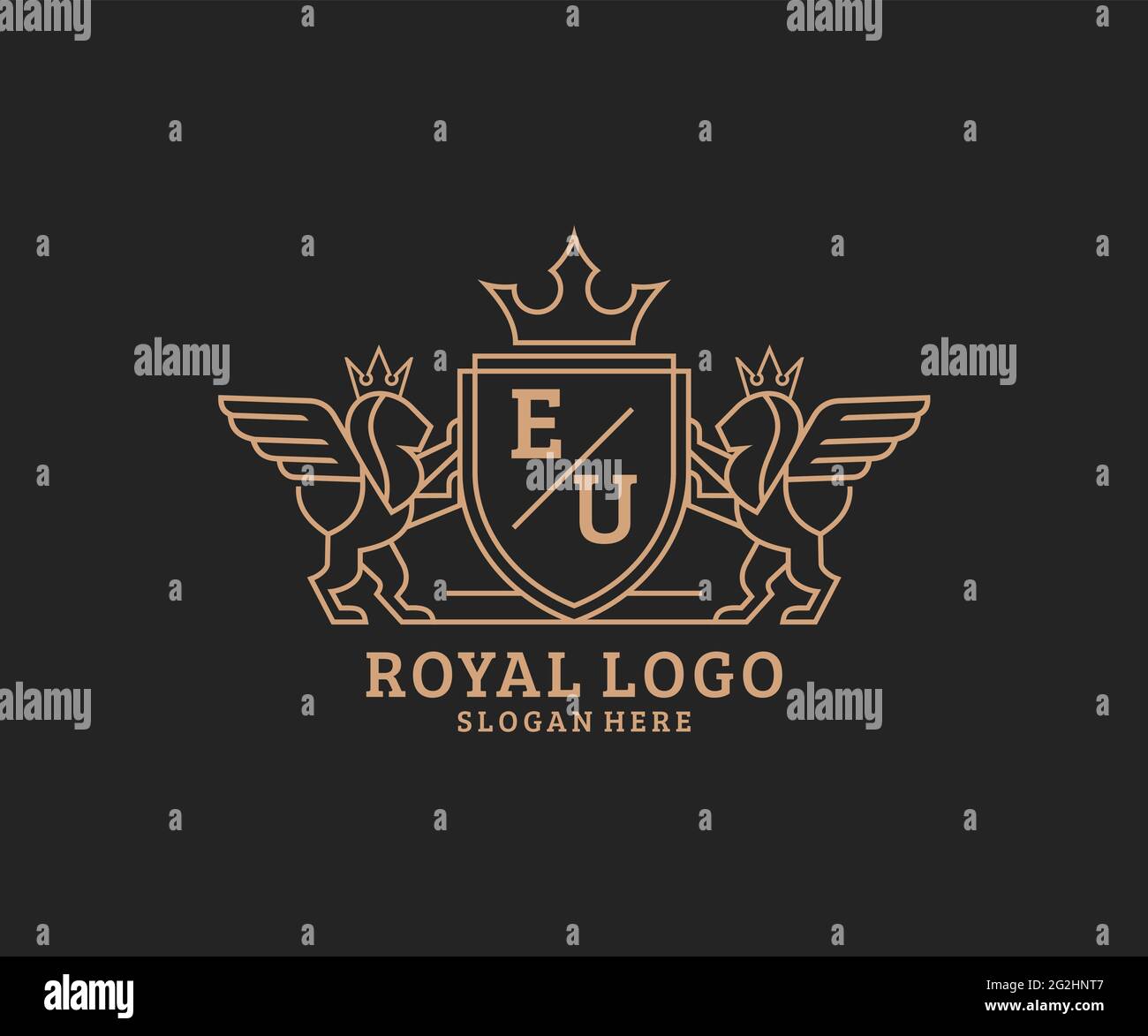 Lettre eu Lion Royal Luxury Heraldic, Crest logo template dans l'art vectoriel pour restaurant, Royalty, Boutique, café, Hôtel, Héraldique, bijoux, mode et Illustration de Vecteur