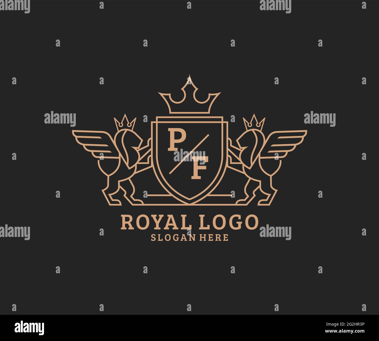 PF lettre Lion Royal Luxury Heraldic, Crest logo template dans l'art vectoriel pour restaurant, Royalty, Boutique, café, Hôtel, Héraldique, bijoux, mode et Illustration de Vecteur