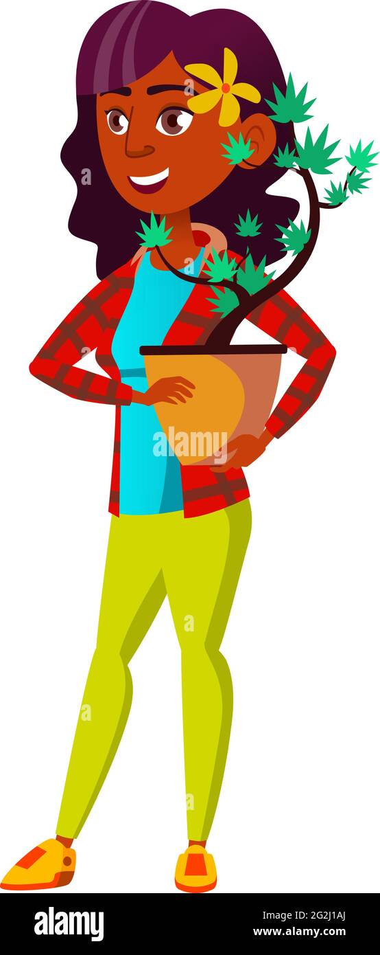 bonne fille africaine portant un vecteur de dessin animé de plante domestique Illustration de Vecteur