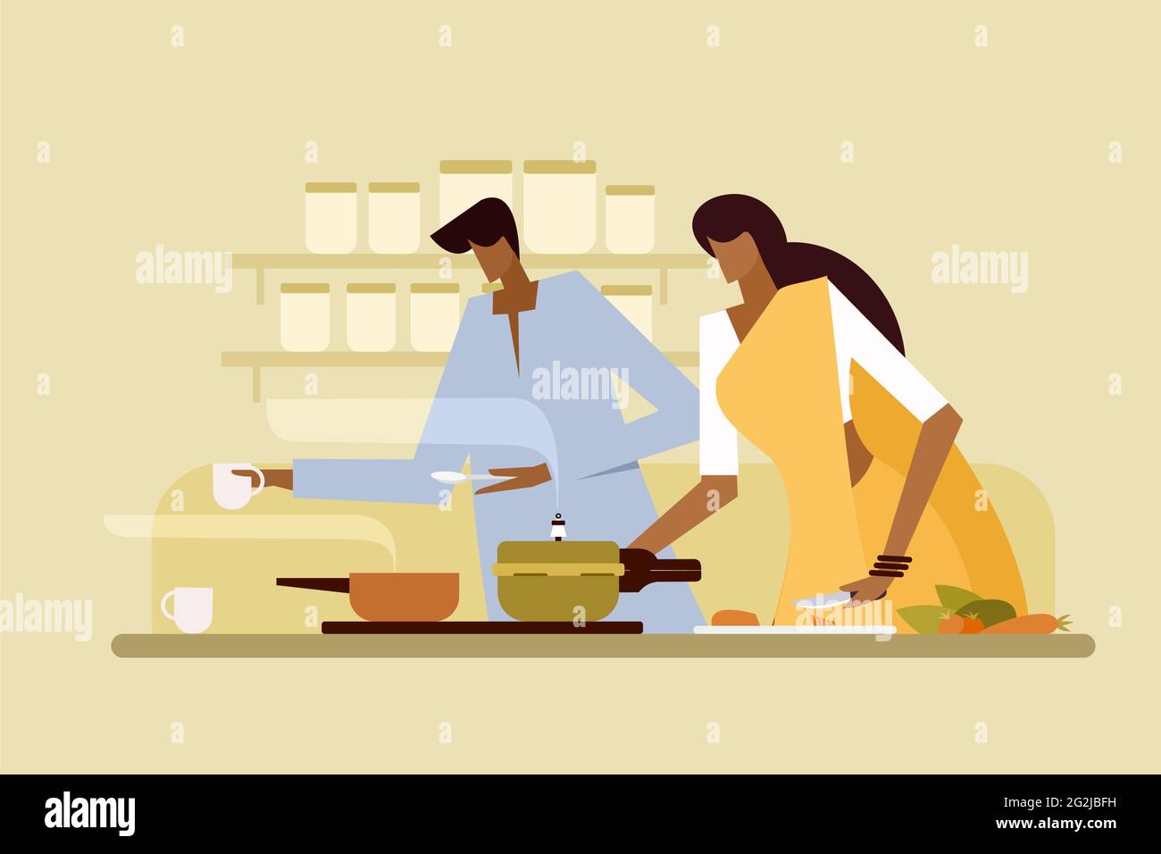 Illustration d'un couple indien cuisant dans leur cuisine Illustration de Vecteur