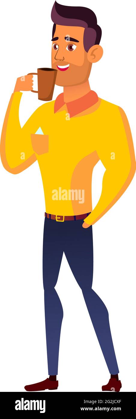 un homme attrayant qui boit du café dans un vecteur de dessin animé de bureau Illustration de Vecteur