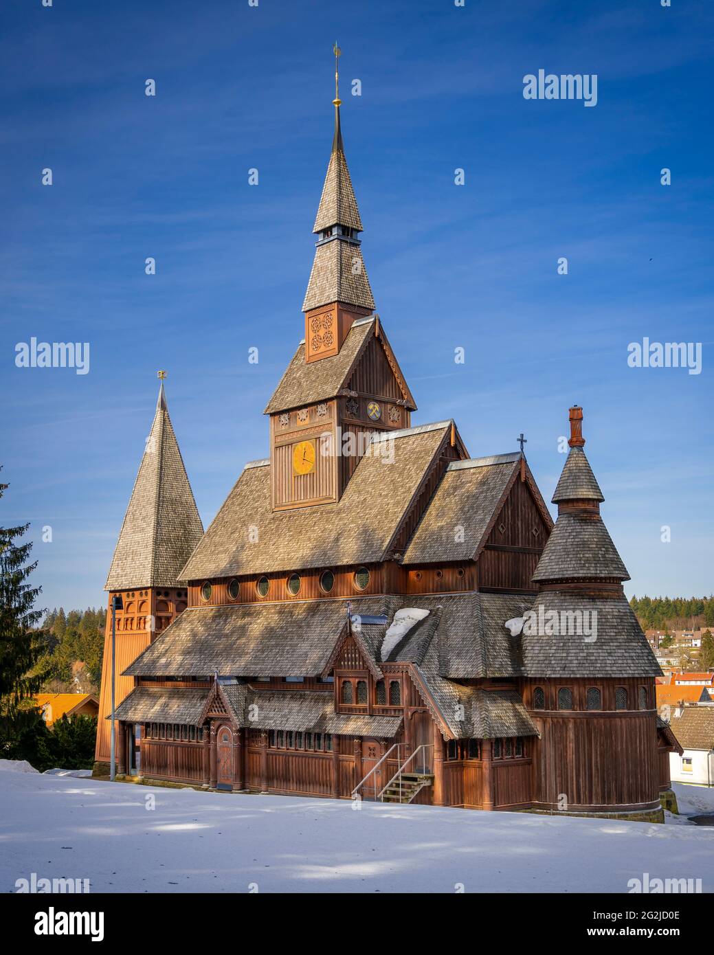 Église Gustav Adolf Stave à Hahnenklee, Allemagne en hiver Banque D'Images