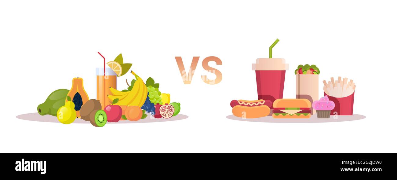 choix de nourriture concept de régime sain fruits frais vs malbouffe alimentaire rapide horizontale malsaine Illustration de Vecteur