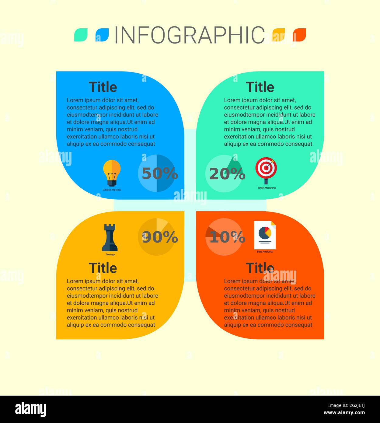 Modèle d'infographie d'entreprise avec 4 options sur la forme des feuilles et quatre icônes avec un graphique circulaire en pourcentage en quatre couleurs : vert, bleu, orange et jaune Illustration de Vecteur