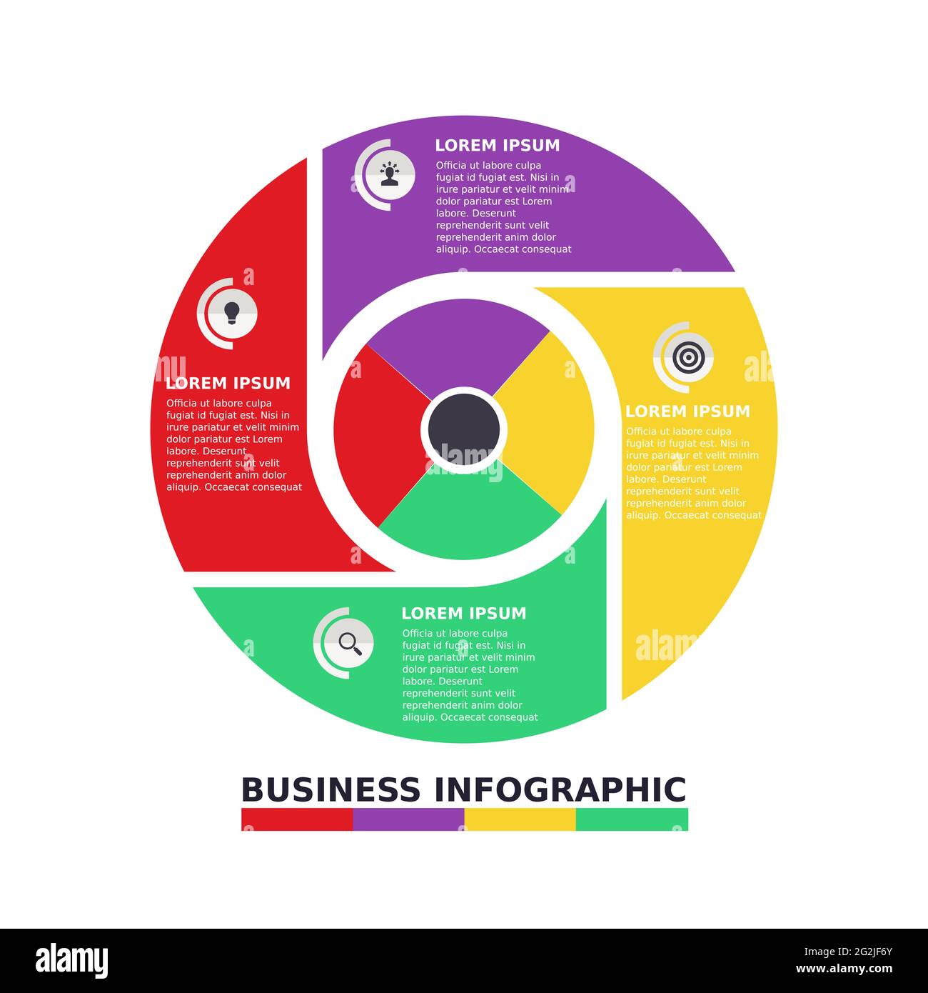 Modèle d'infographie d'entreprise circulaire avec quatre options et quatre couleurs comme le violet, le rouge, le vert et le jaune et quatre icônes Illustration de Vecteur