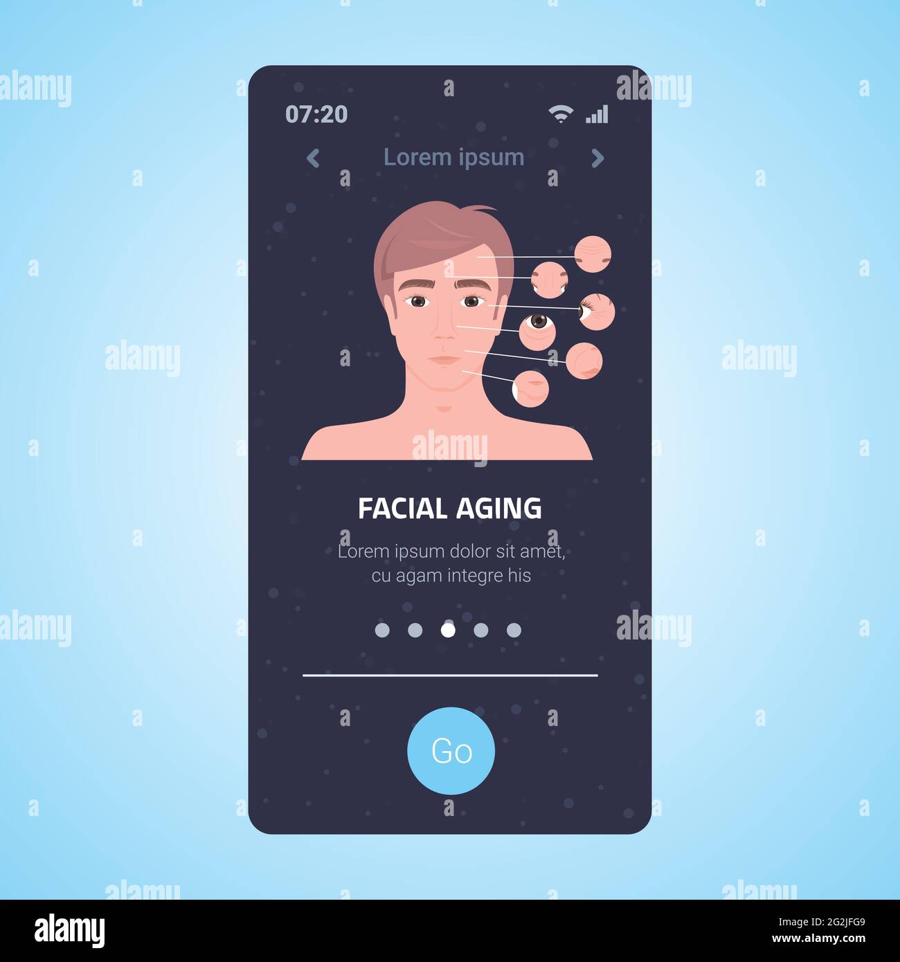 homme visage avec rides médical cosmétique anti-âge rajeunissement procédures de levage pour le visage peau esthétique médecine concept smartphone écran mobile Illustration de Vecteur