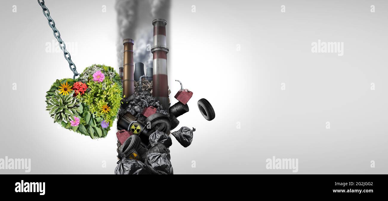 Environnement et pollution comme un groupe de plantes vertes façonnées comme un coeur détruisant un mur pollué de polluants industriels toxiques sales. Banque D'Images