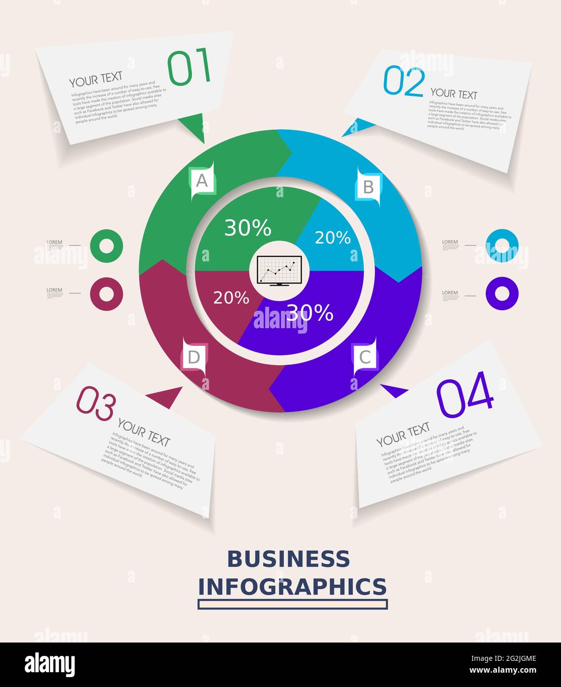Modèle d'infographie d'entreprise avec quatre options de cercle circulaire flèche de graphique sur fond rose avec bleu, vert, indigo et couleur marron Illustration de Vecteur