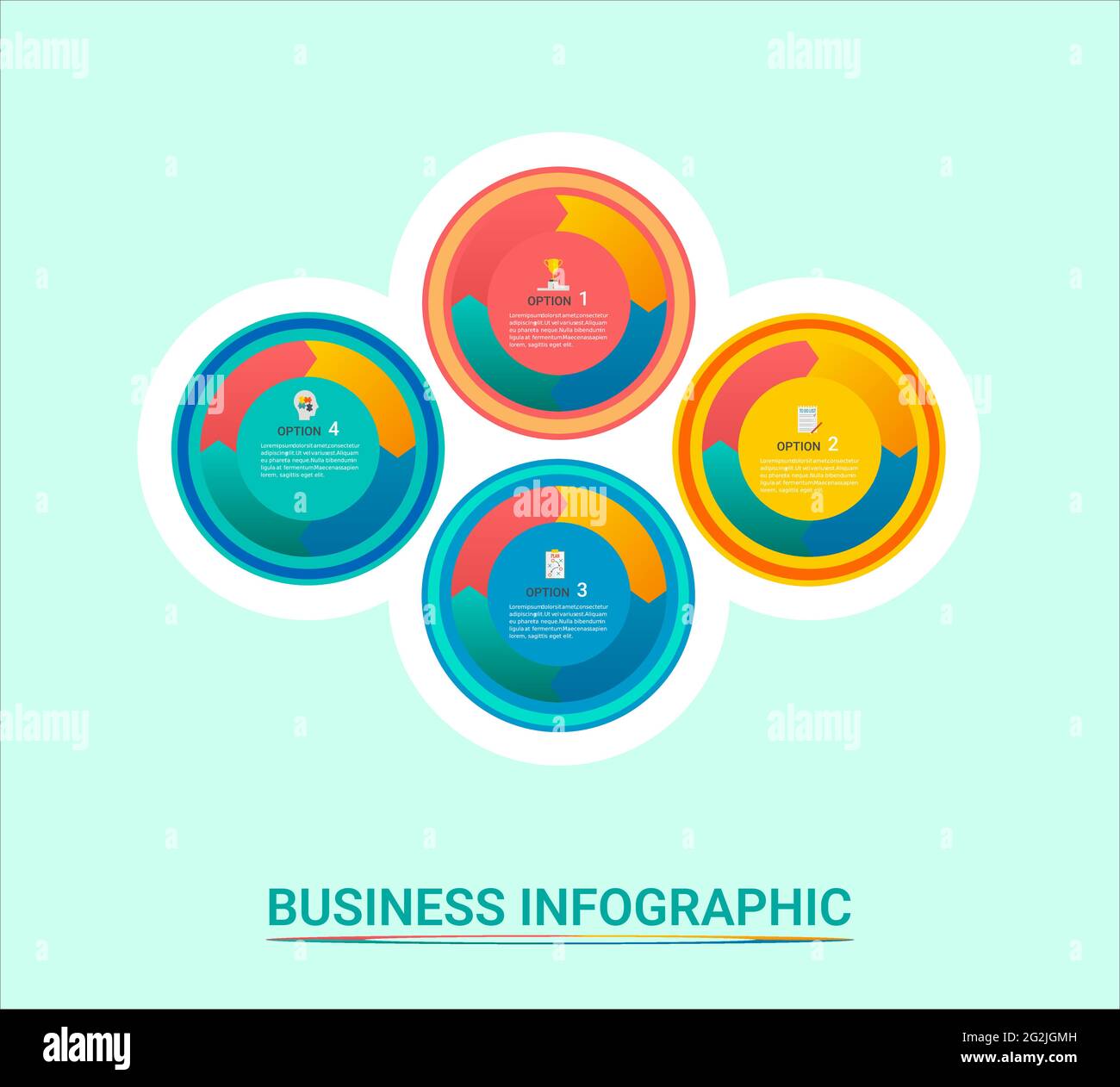 Modèle d'infographie d'entreprise avec quatre options, flèche circulaire sur fond vert, bleu, vert, jaune et orange Illustration de Vecteur