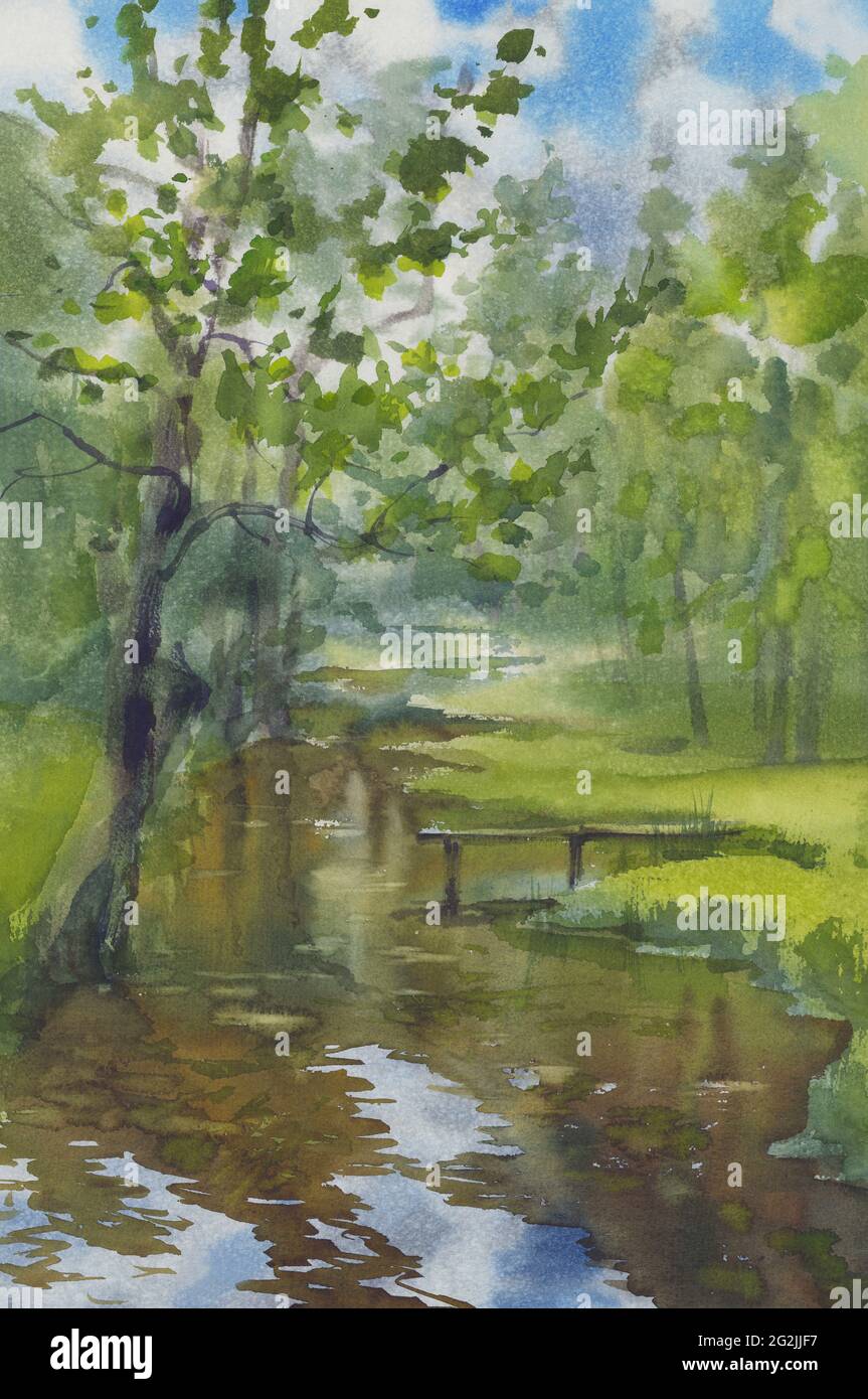 Un ruisseau dans la forêt en arrière-plan d'aquarelle de printemps Banque D'Images