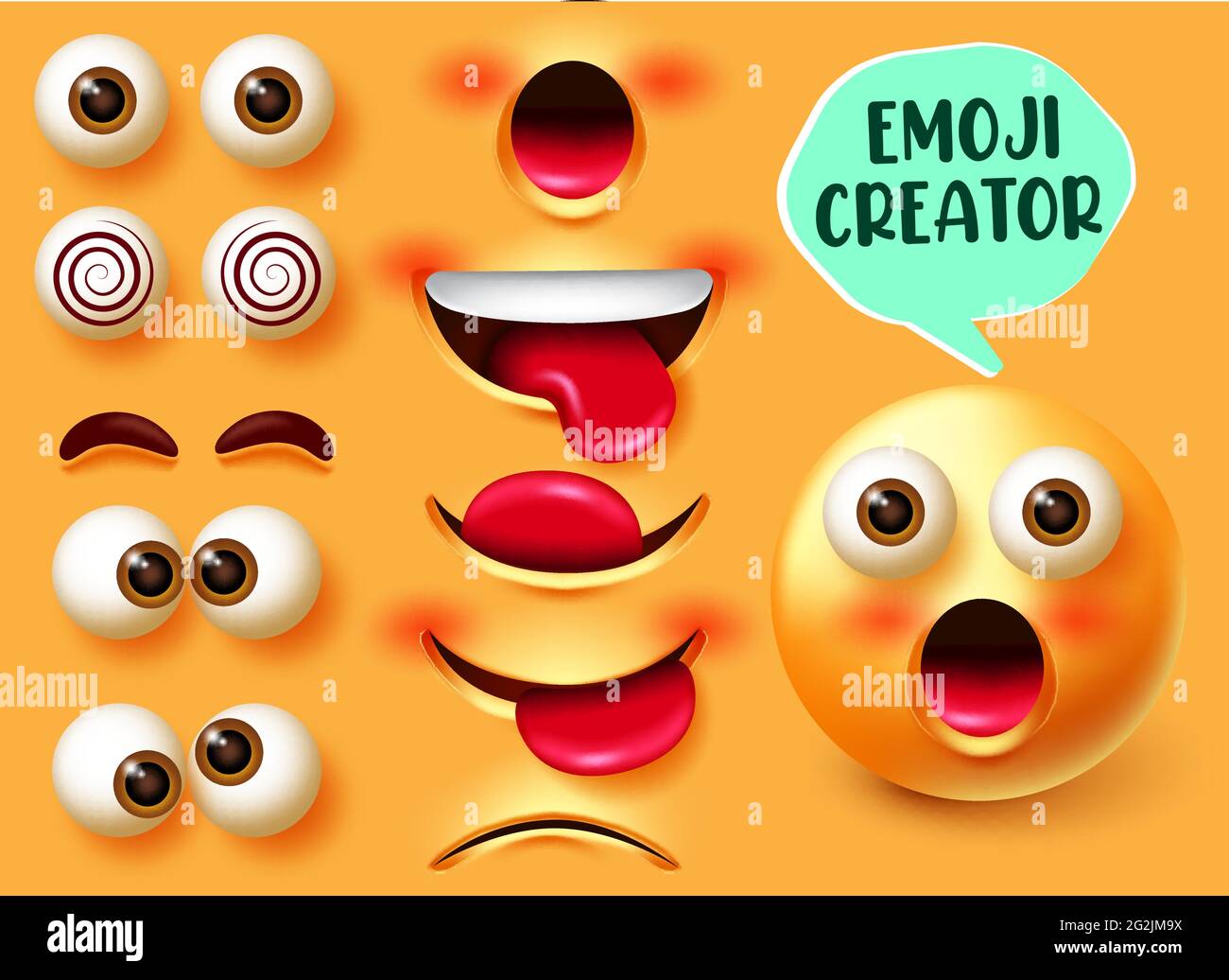 Émotiji vecteur smiley ensemble. Kit de caractères 3d emojis dans les expressions faciales de surpris avec des éléments de visage modifiables comme les yeux et la bouche pour smiley. Illustration de Vecteur