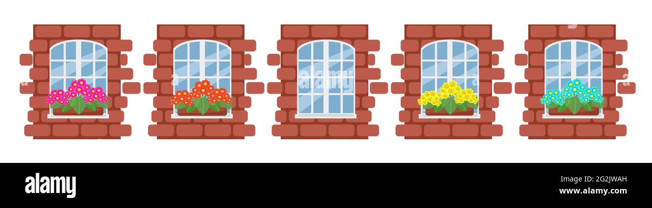 Fenêtre blanche avec des fleurs sur le rebord de la fenêtre, fragment d'un mur de briques avec un ensemble de fenêtres, objets vectoriels isolés, dessin animé Illustration de Vecteur