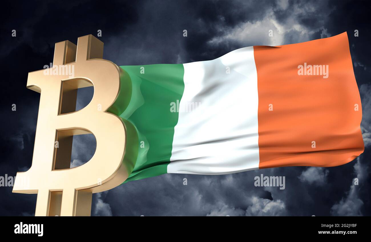 Crypto-monnaie en bitcoin d'or avec un drapeau de l'Irlande. Rendu 3D Banque D'Images