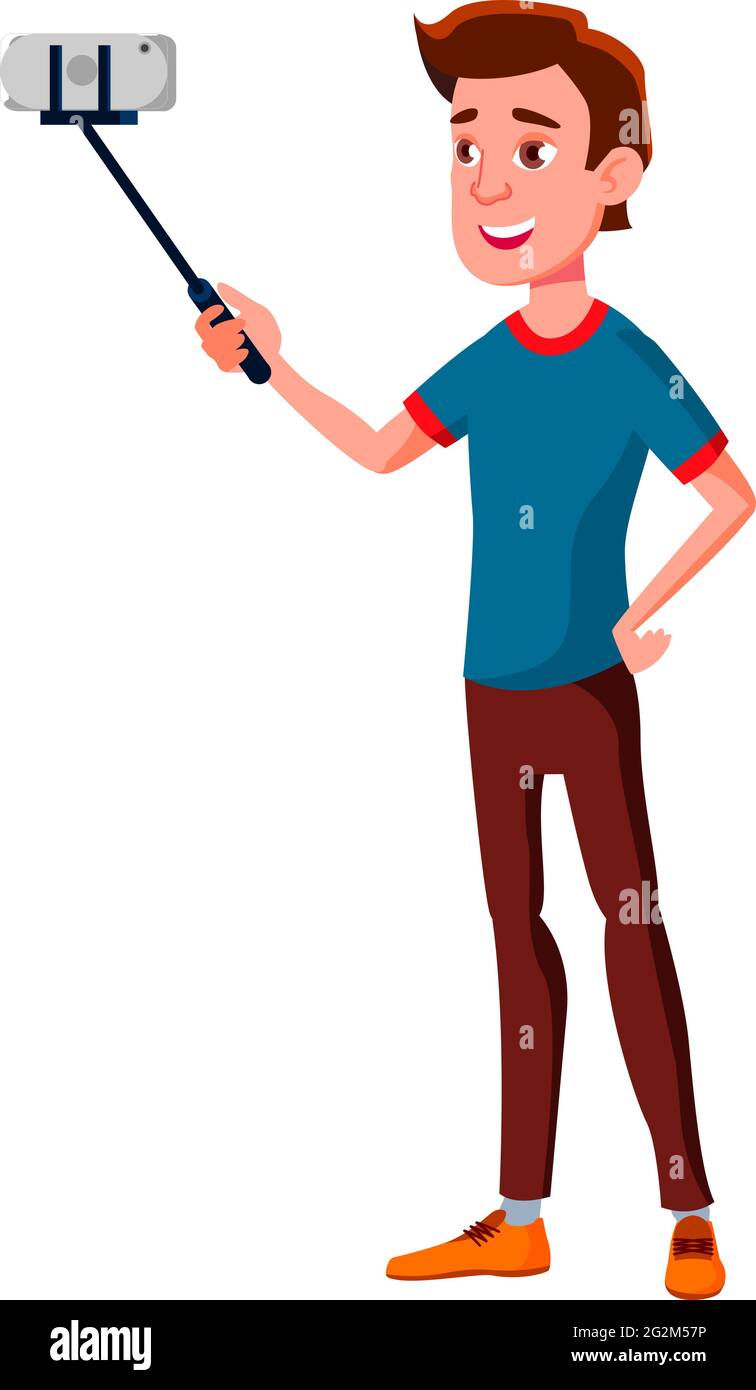 un garçon souriant fait un selfie sur un vecteur de dessin animé pour smartphone Illustration de Vecteur