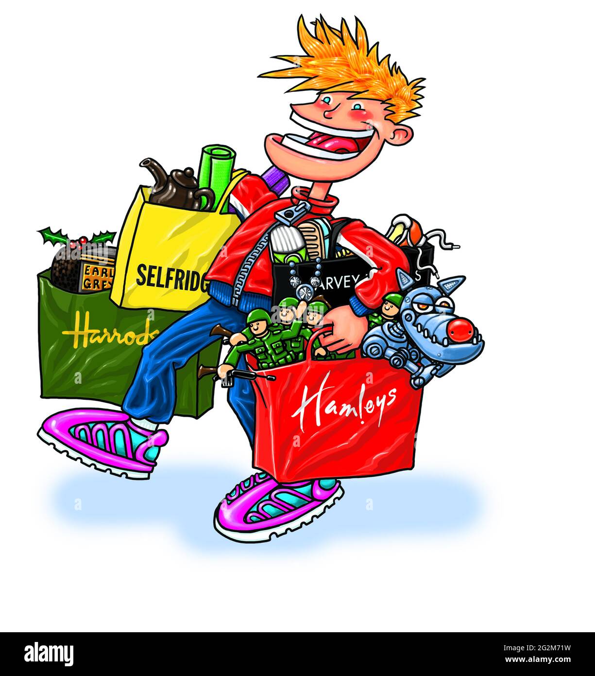 Art illustration jeune homme portant des sacs de marque de luxe rempli de cadeaux ventes de Noël Londres shopping Hamleys Harrods Selfridges, post-verrouillage boom Banque D'Images