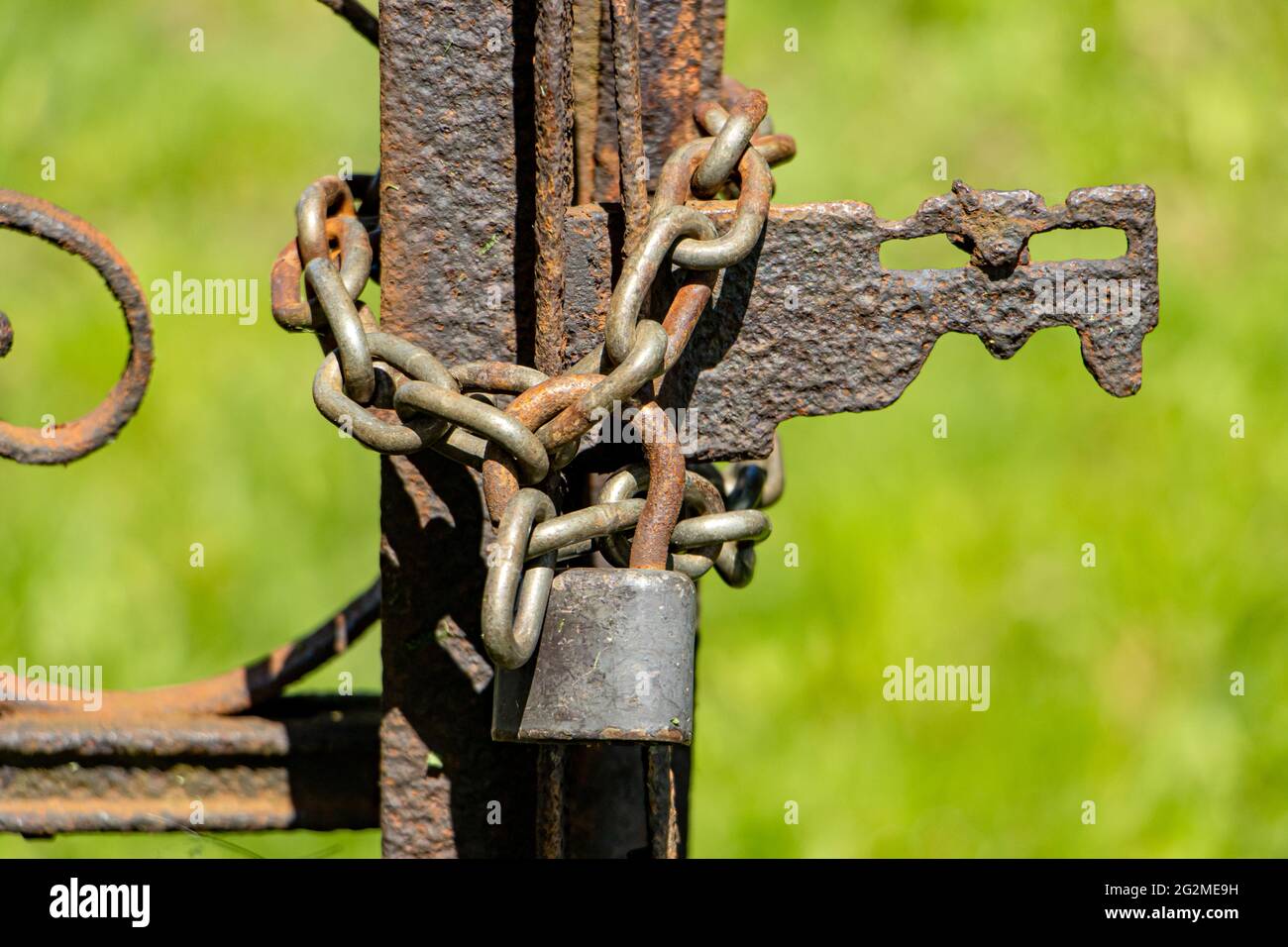 La porte rouillée est verrouillée par un cadenas avec une chaîne. Banque D'Images