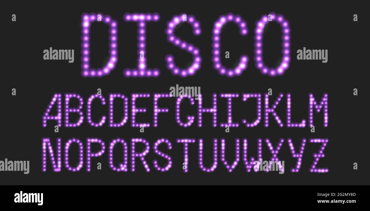 Police LED avec lueur violet néon. Lettres pointillées lumineuses, alphabet numérique dans un style disco moderne. Illustration vectorielle Illustration de Vecteur