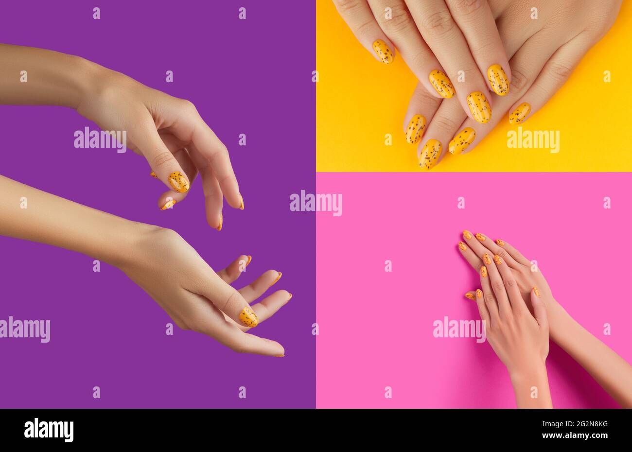 Main de femme avec motif à ongles colorés tendance de l'été Banque D'Images