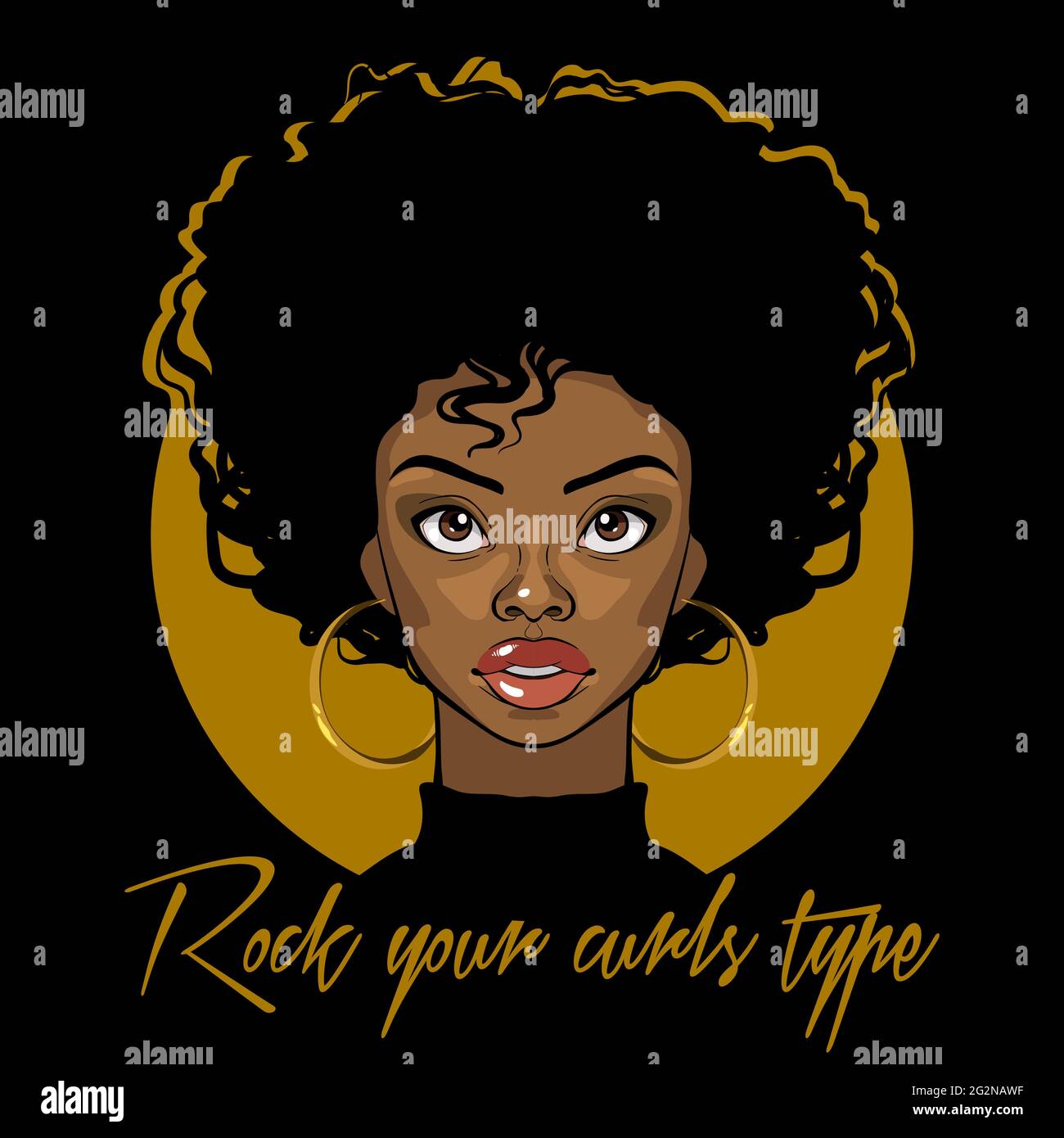 Portrait vectoriel de dessin animé d'une fille afro-américaine avec cheveux bouclés, grands yeux et boucles d'oreilles dorées. Illustration de mode sur fond noir. Illustration de Vecteur