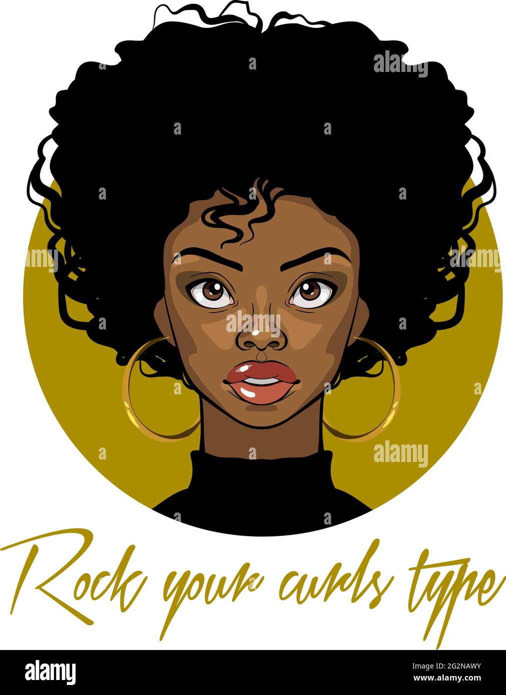 Portrait vectoriel de dessin animé d'une fille afro-américaine avec cheveux bouclés, grands yeux et boucles d'oreilles dorées. Illustration de mode sur fond blanc. Illustration de Vecteur