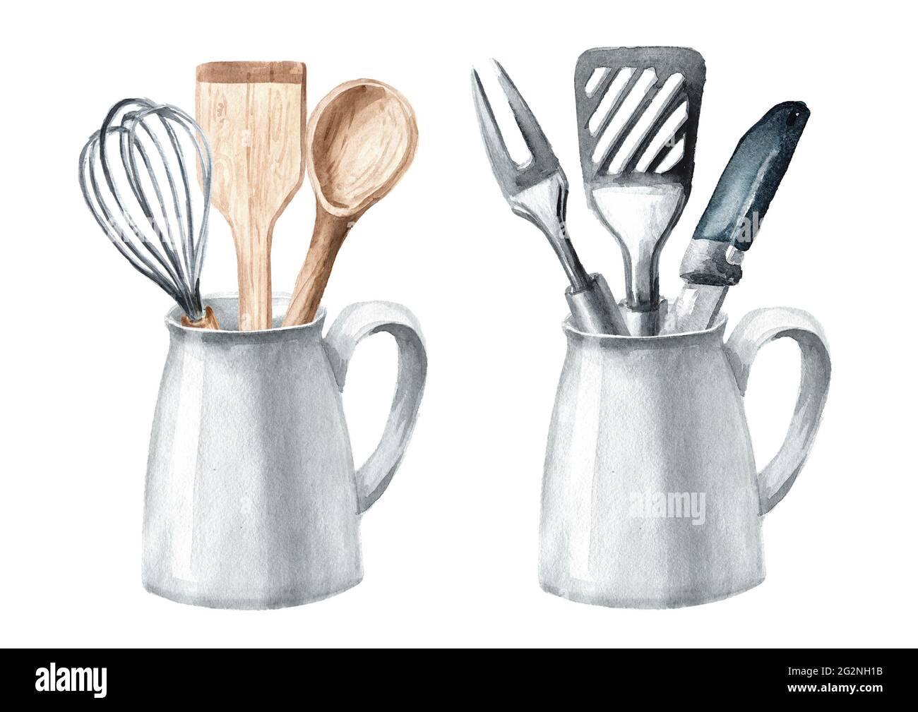 Ensemble d'ustensiles de cuisine. Illustration aquarelle dessinée à la main isolée sur fond blanc Banque D'Images