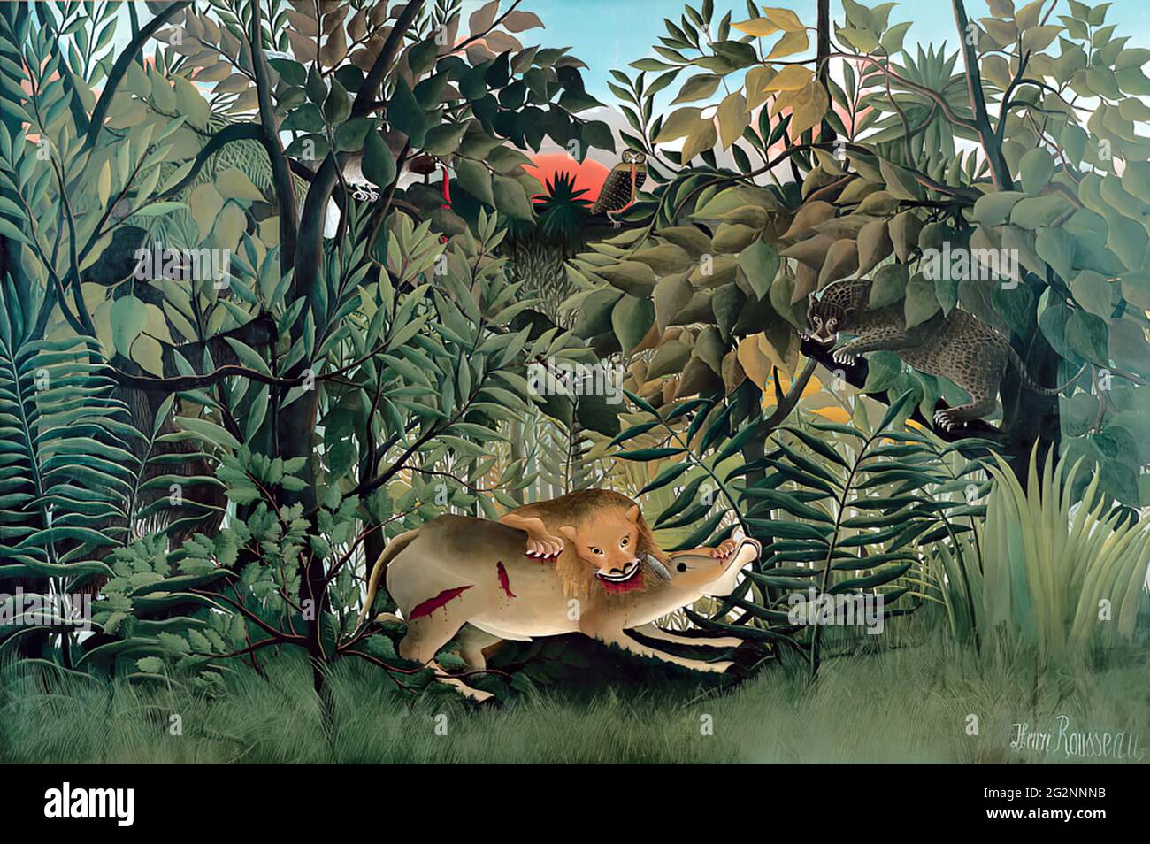 Henri Rousseau a.k.a le Douanier Rousseau - le lion affamé attaquant un antilope Banque D'Images