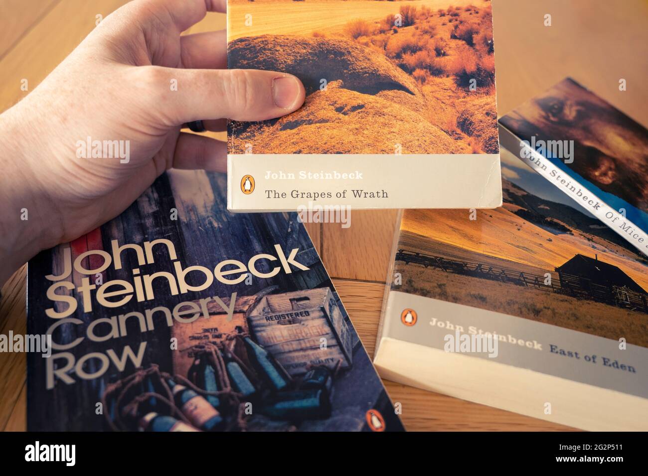 Auteur Américain Des Raisins De La Colère Main d'un homme tenant un livre de poche des raisins de la colère, un roman  de l'auteur américain John Steinbeck, avec d'autres romans en arrière-plan  Photo Stock - Alamy