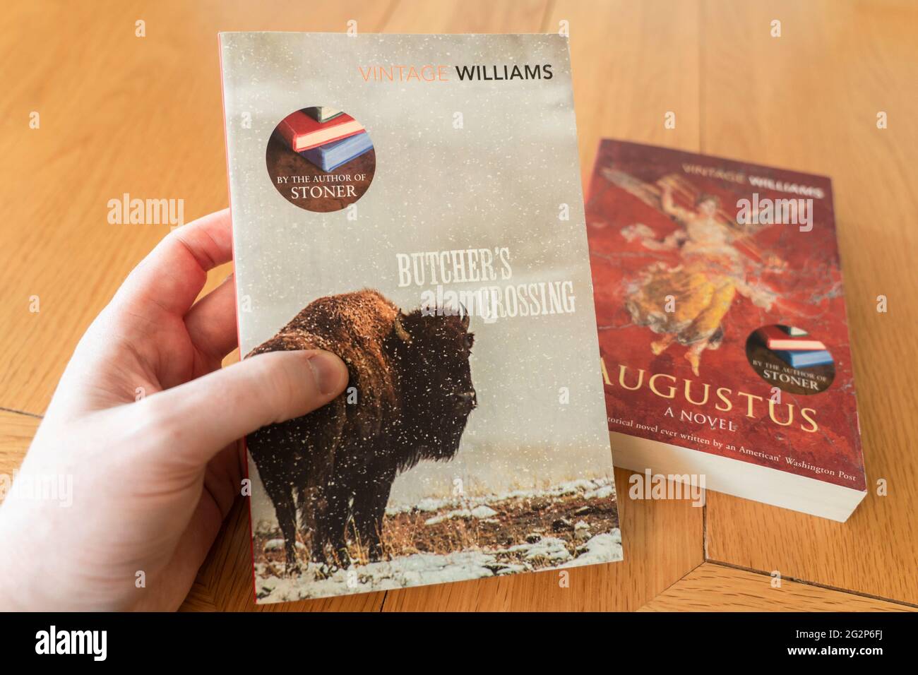 Main d'un homme tenant un livre de poche de Butcher's Crossing, un roman de l'auteur américain John Williams Banque D'Images