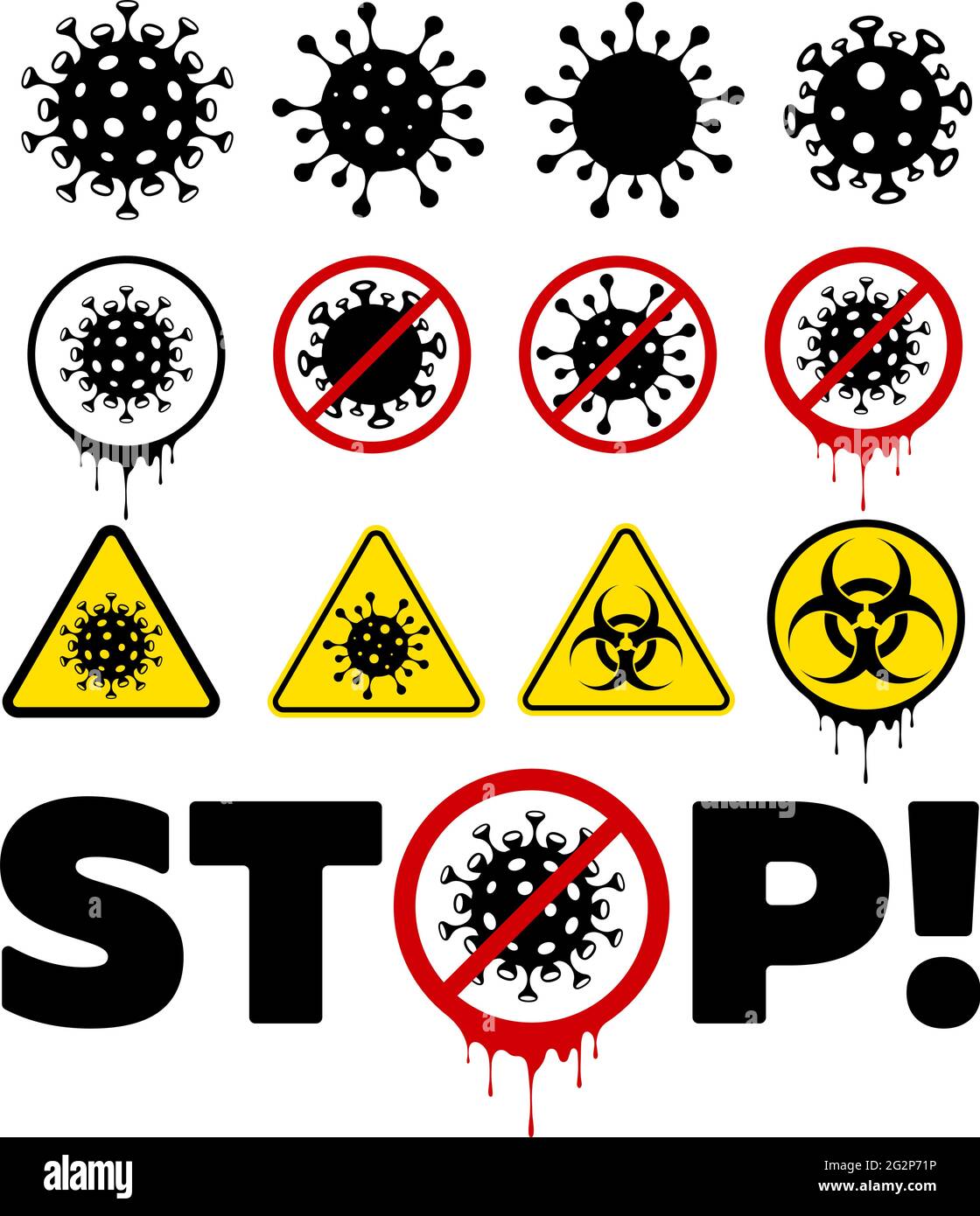 Jeu d'icônes plates de virus. Arrêter l'épidémie de coronavirus covid-19. Panneau rester à la maison. Symbole de danger biologique Illustration de Vecteur