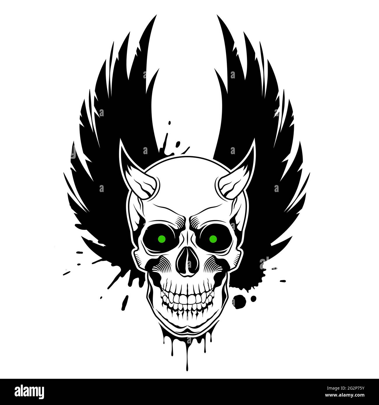 Crâne vectoriel avec cornes, yeux brillants verts, ailes de couronne et éclaboussures de peinture en arrière-plan. Illustration vectorielle grunge Illustration de Vecteur