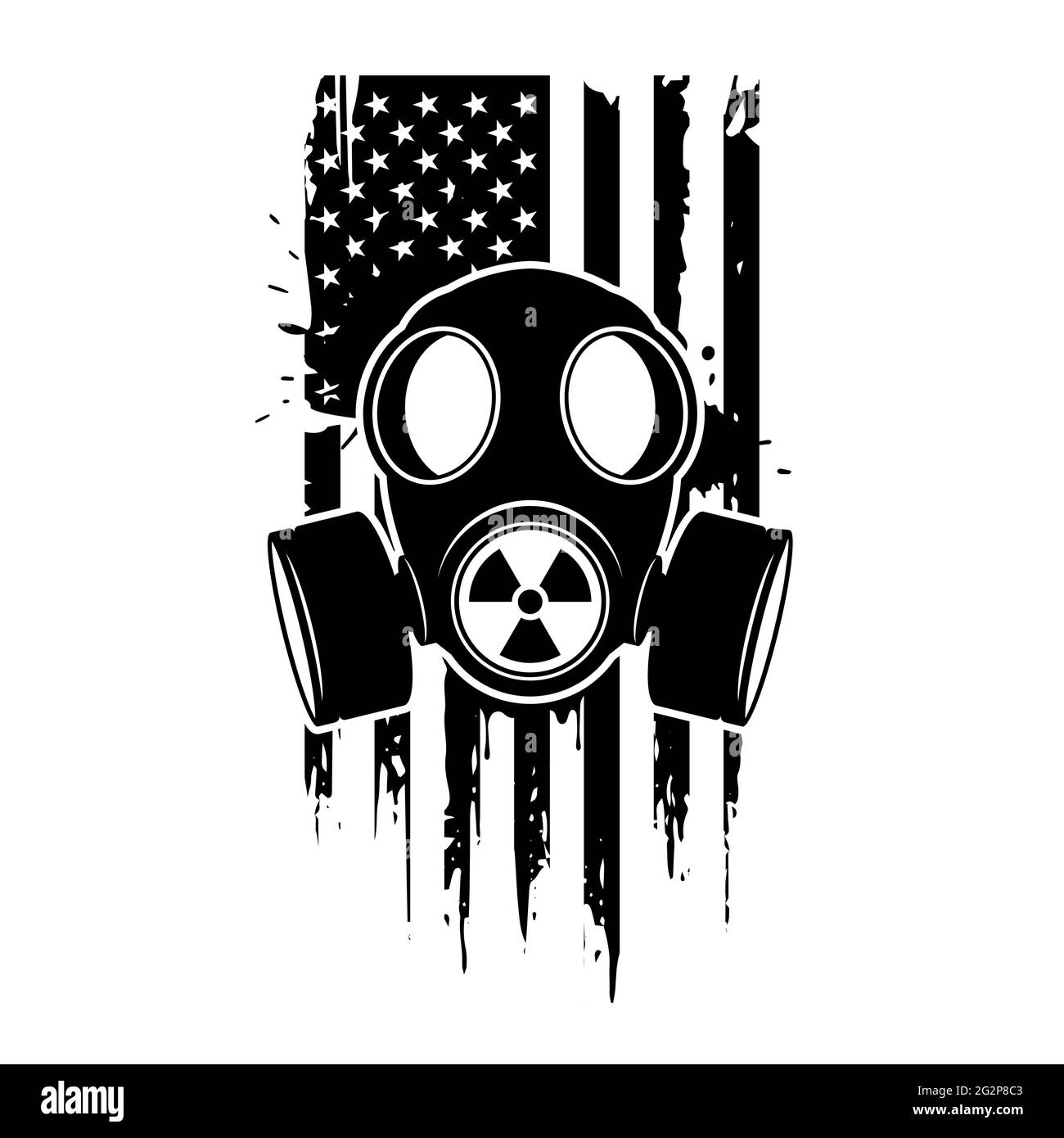 Masque à gaz avec signe de rayonnement et drapeau patriotique américain. Respirateur, icône vecteur isolée sur blanc. Illustration de Vecteur