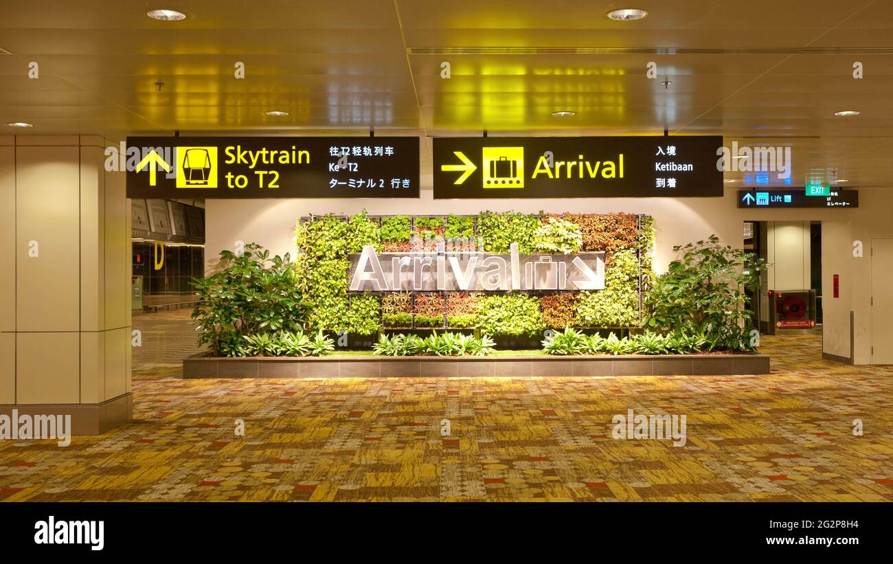 Panneau arrivées au terminal 1 de l'aéroport de Singapour Changi Banque D'Images