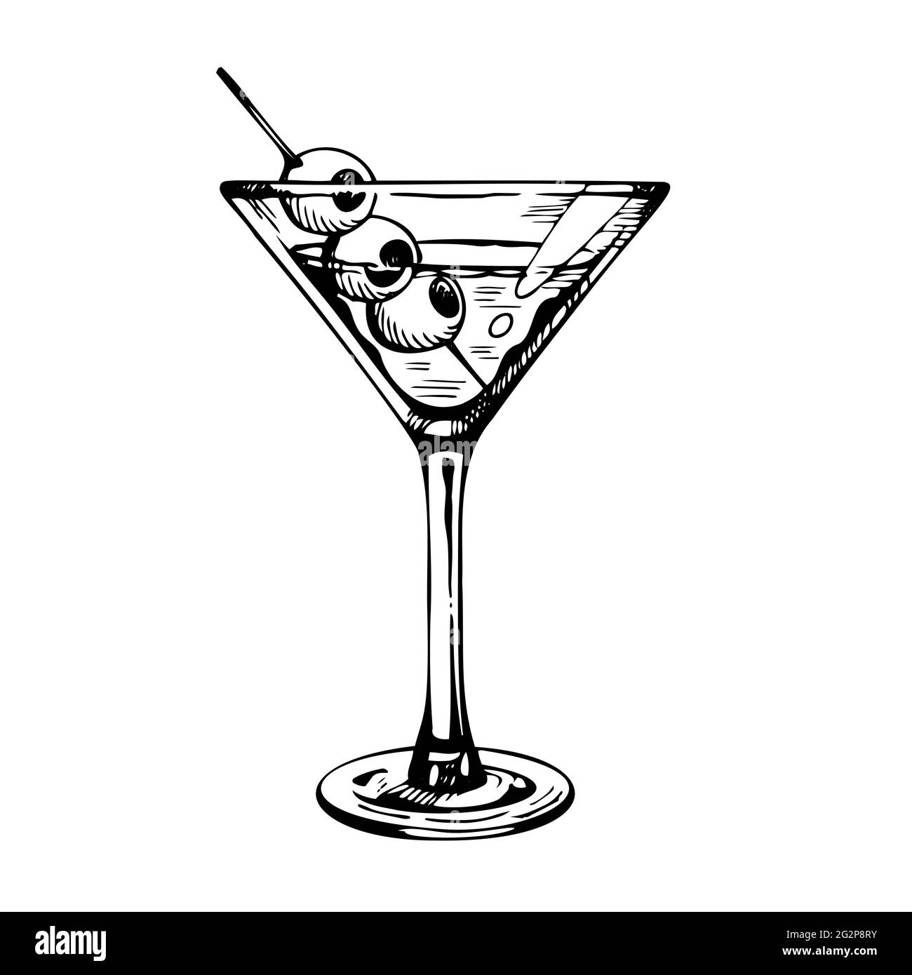 Verre à martini avec olives. Cocktail alcool dessiné à la main, croquis vectoriel. Illustration de Vecteur