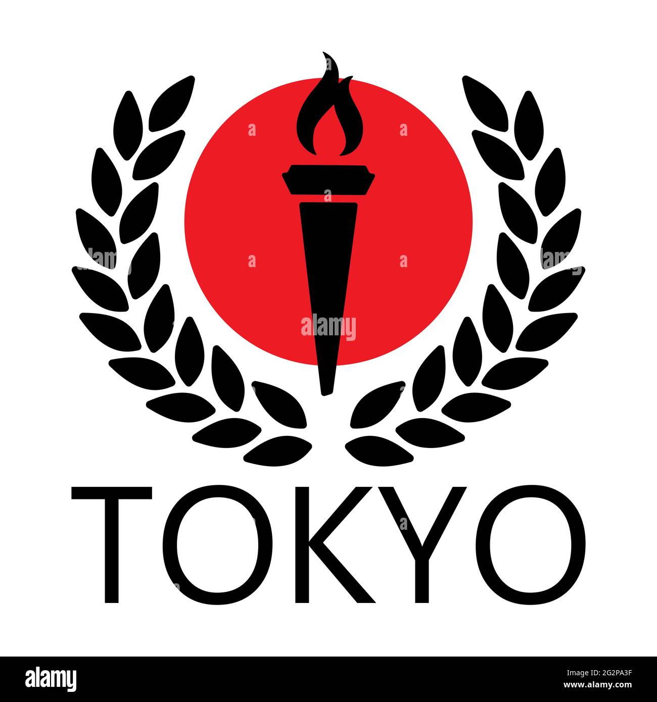 Torche noire cercle rouge et couronne de Laurier noire sur fond blanc avec l'inscription Tokyo. Poster créatif Bienvenue au Japon. Pour logo, carte postale, Illustration de Vecteur