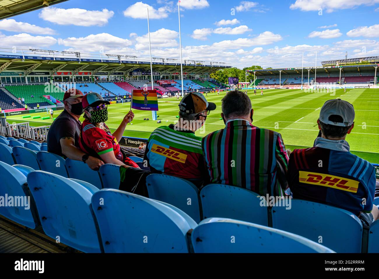 LONDRES, ROYAUME-UNI. 12 juin 2021. Les fans lors du match de rugby Gallagher Premiership entre Harlequins vs Newcastle Falcons au stade Twickenham Stoop, le samedi 12 juin 2021. LONDRES, ANGLETERRE. Credit: Taka G Wu/Alay Live News Banque D'Images