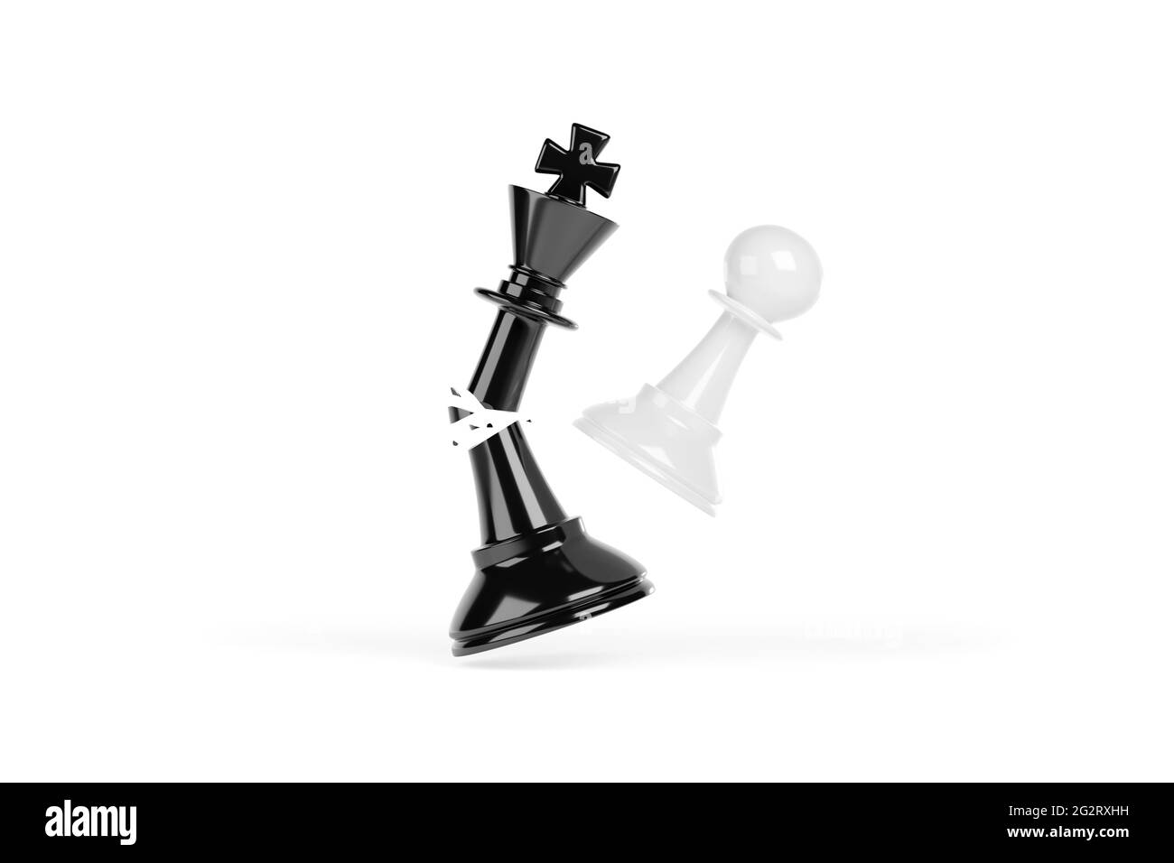 Un pion d'échecs se fracassant un roi en morceaux. Le concept de réussite gagnante. illustration 3d. Banque D'Images