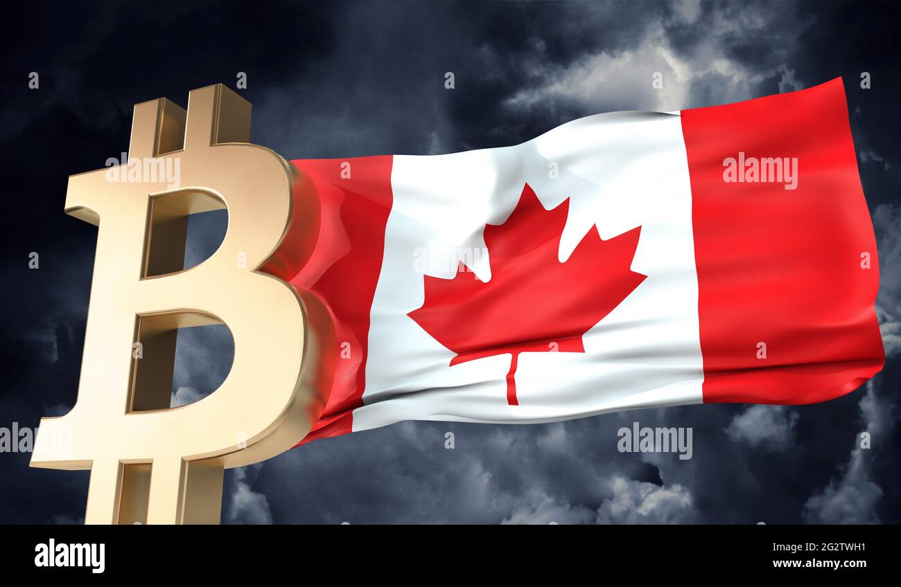 Crypto-monnaie en bitcoin d'or avec un drapeau du Canada. Rendu 3D Banque D'Images