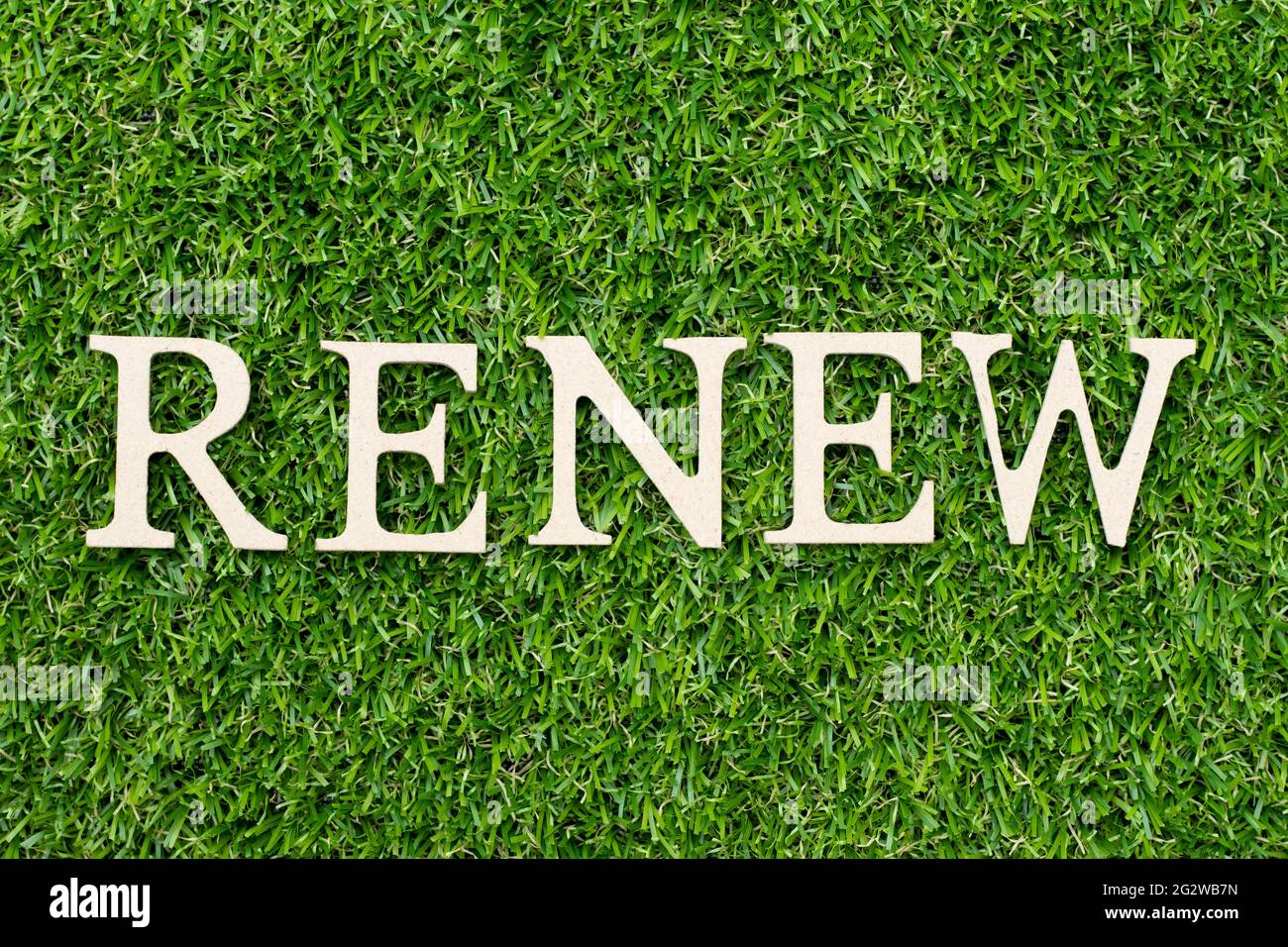 Lettre de l'alphabet bois dans le mot renouveler sur fond vert herbe Banque D'Images
