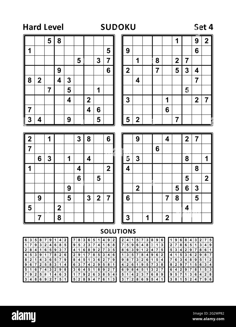 Quatre jeux de sudoku de niveau dur, avec des réponses. Ensemble 4. Banque D'Images