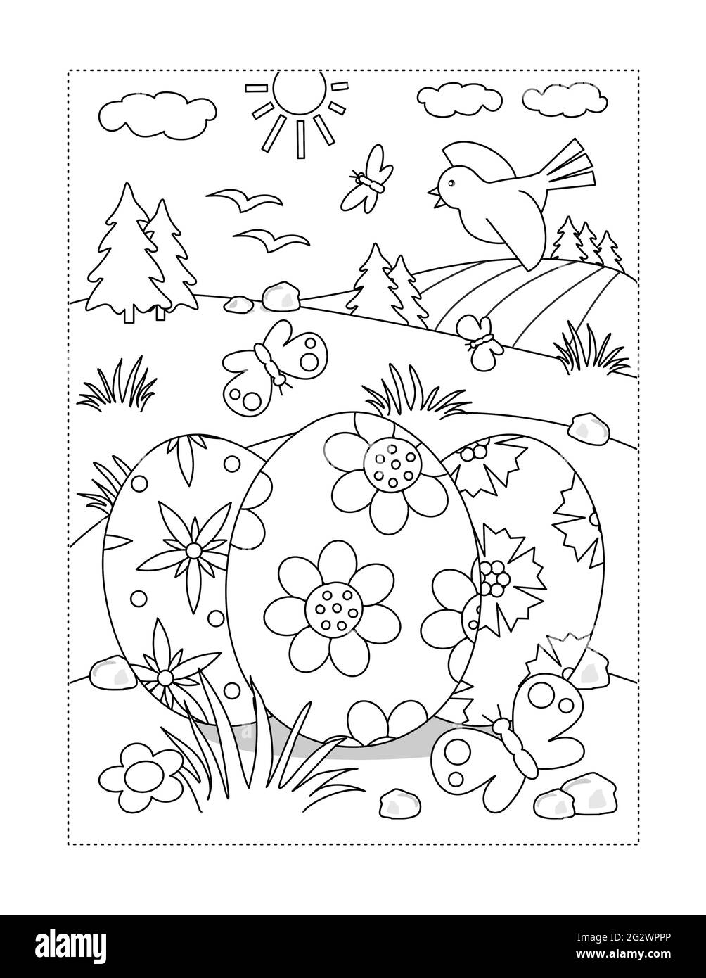 Page de coloriage de Pâques avec trois œufs peints Banque D'Images