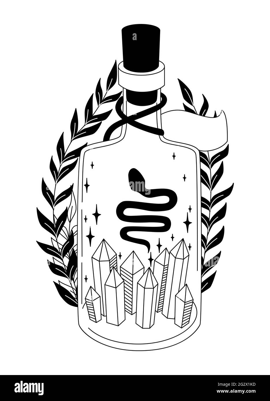 Bouteille Magic. Sorcellerie. Flacon avec cristaux, feuilles, étoiles. Style gothique. Illustration vectorielle noir et blanc. Symbole ésotérique. Tatouage, logo, art Illustration de Vecteur