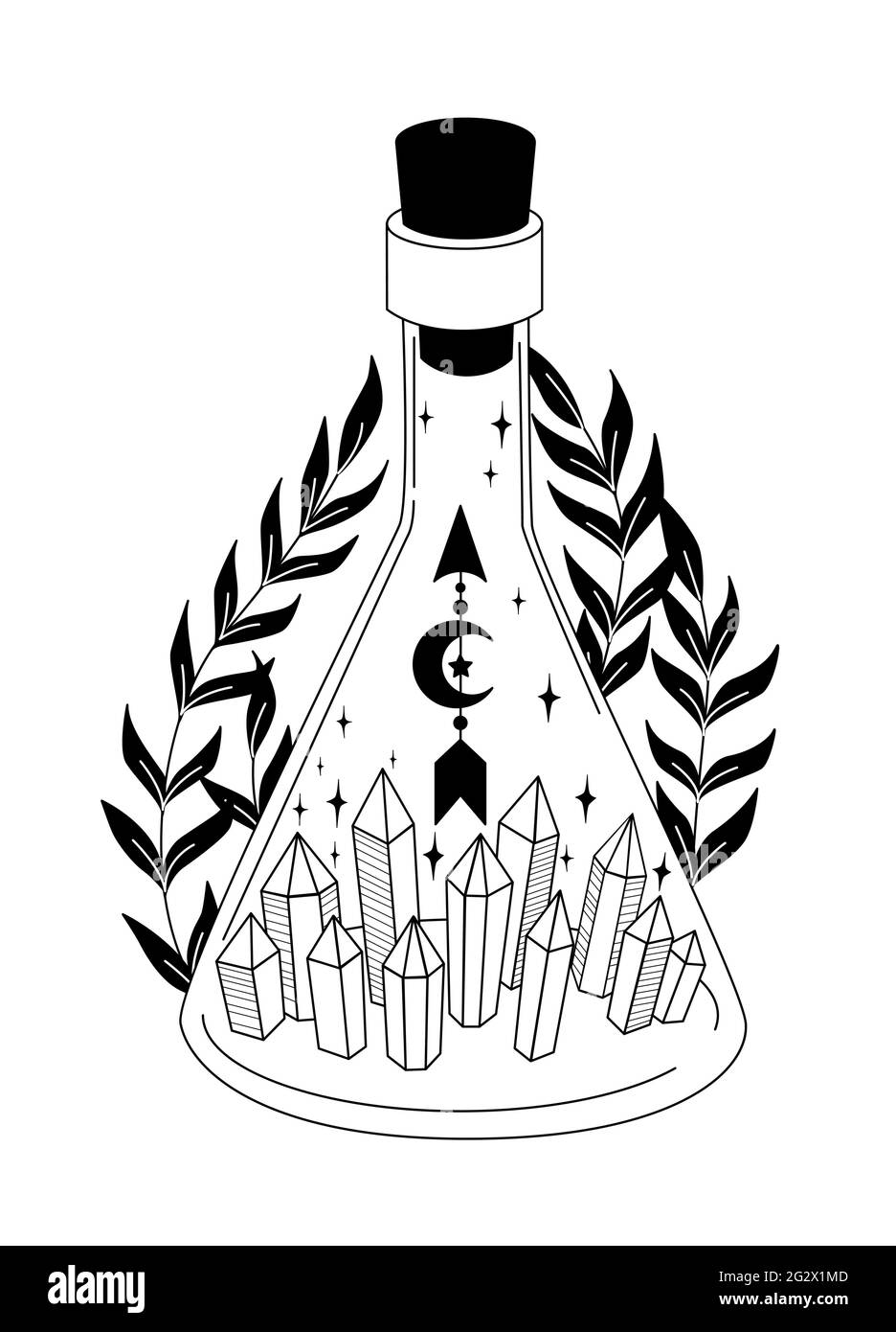 Bouteille Magic. Sorcellerie. Flacon avec cristaux, feuilles, étoiles. Style gothique. Illustration vectorielle noir et blanc. Symbole ésotérique. Tatouage, logo, art Illustration de Vecteur