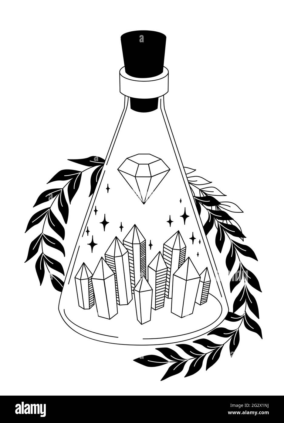 Bouteille Magic. Sorcellerie. Flacon avec cristaux, feuilles, étoiles. Style gothique. Illustration vectorielle noir et blanc. Symbole ésotérique. Tatouage, logo, art Illustration de Vecteur